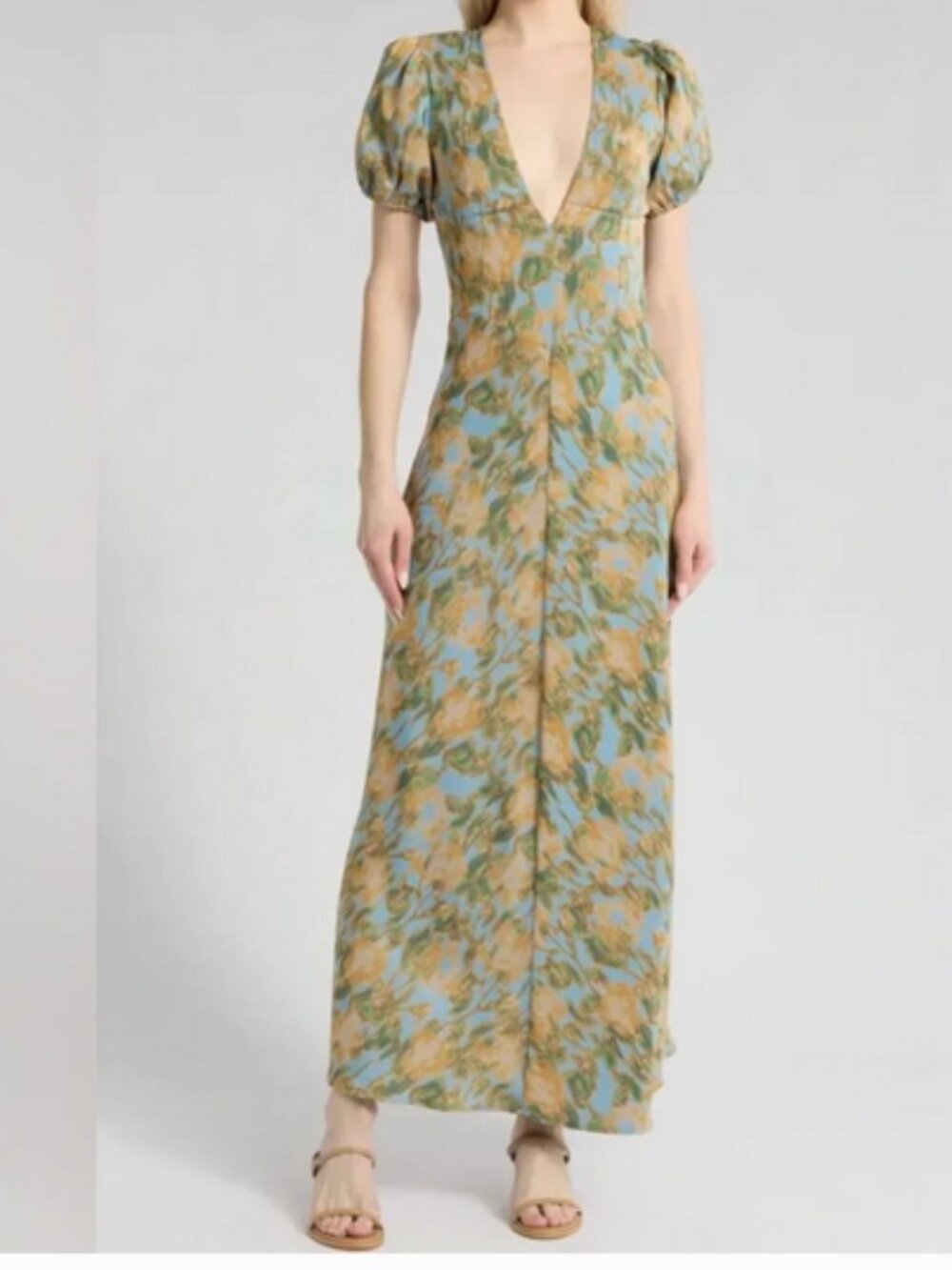 NWT WeWoreWhat Puff Sleeve Maxi Dress Dream Blue Tan Green Print Sz 00
